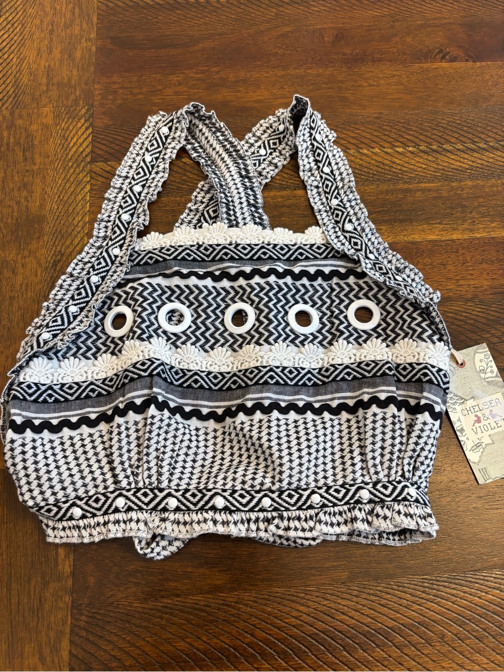 Chelsea & Violet Black and White Geometric Eyelet Crop Top